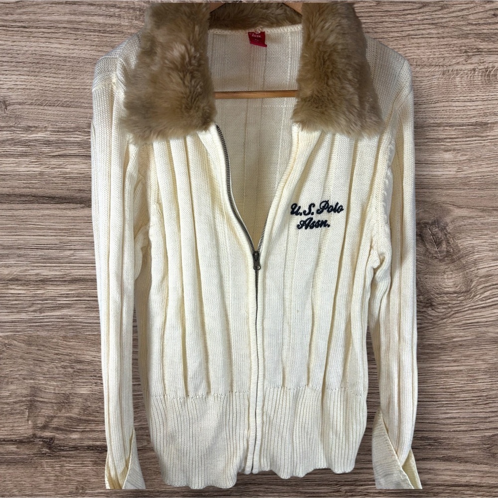 Y2K Polo faux fur collar  zipper Jacket sweater 2X